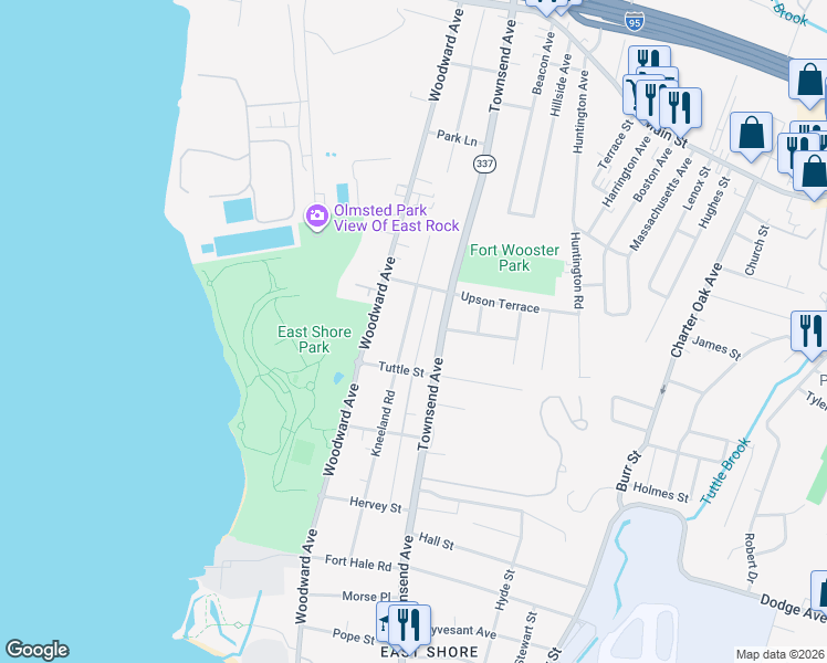 map of restaurants, bars, coffee shops, grocery stores, and more near 270 Kneeland Road in New Haven