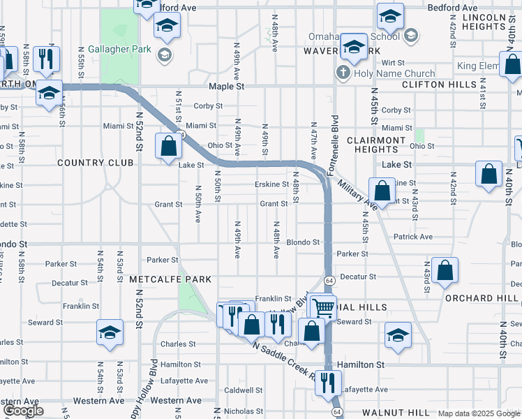 map of restaurants, bars, coffee shops, grocery stores, and more near 2314 North 49th Street in Omaha