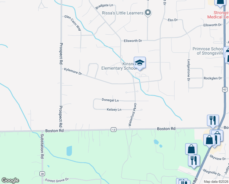 map of restaurants, bars, coffee shops, grocery stores, and more near 19307 Araglin Court in Strongsville