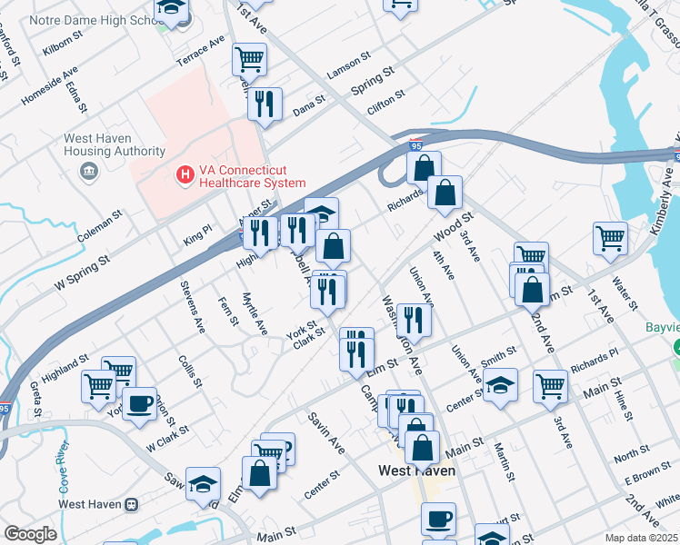 map of restaurants, bars, coffee shops, grocery stores, and more near 29 Wharton Street in West Haven