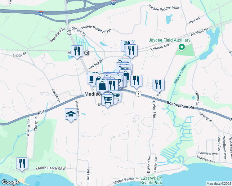 map of restaurants, bars, coffee shops, grocery stores, and more near 749 Boston Post Road in Madison