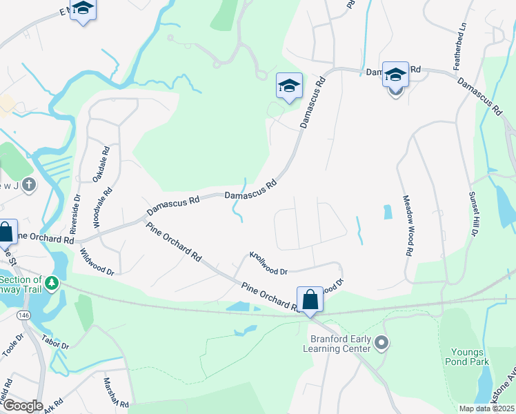 map of restaurants, bars, coffee shops, grocery stores, and more near 66 Damascus Road in Branford