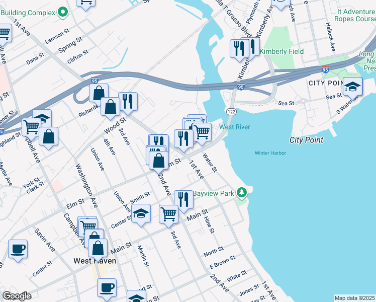 map of restaurants, bars, coffee shops, grocery stores, and more near 30 Wallace Street in West Haven