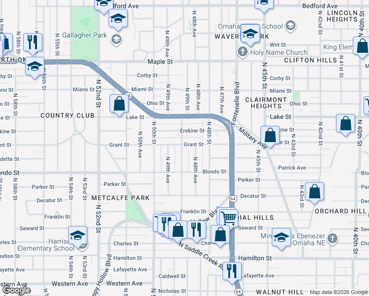 map of restaurants, bars, coffee shops, grocery stores, and more near 2314 North 49th Street in Omaha