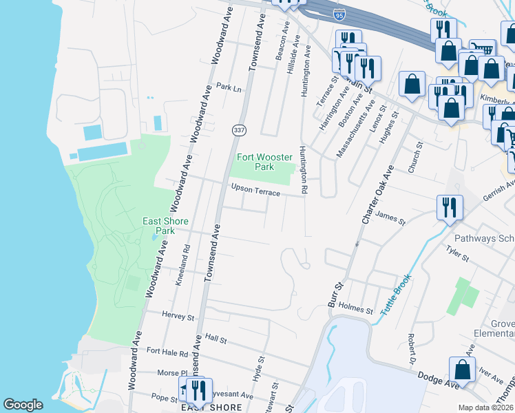 map of restaurants, bars, coffee shops, grocery stores, and more near 126 Sound View Terrace in New Haven