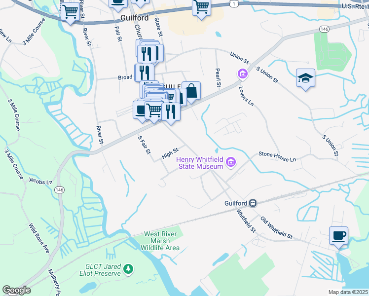 map of restaurants, bars, coffee shops, grocery stores, and more near 161 Whitfield Street in Guilford