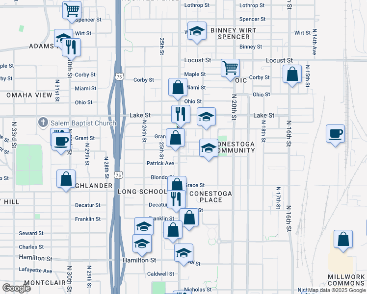 map of restaurants, bars, coffee shops, grocery stores, and more near 2221 North 24th Street in Omaha