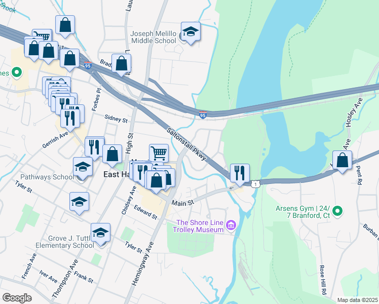 map of restaurants, bars, coffee shops, grocery stores, and more near 144 Saltonstall Parkway in East Haven