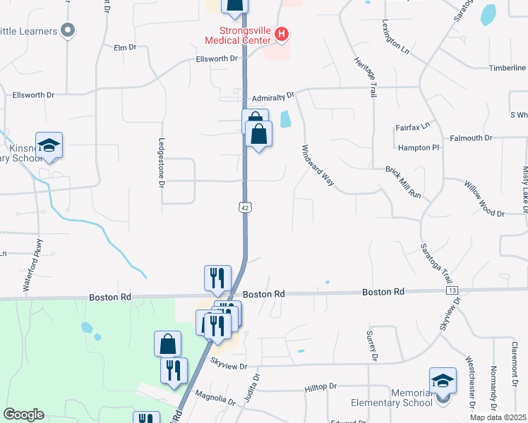 map of restaurants, bars, coffee shops, grocery stores, and more near 19205 Pearl Road in Strongsville