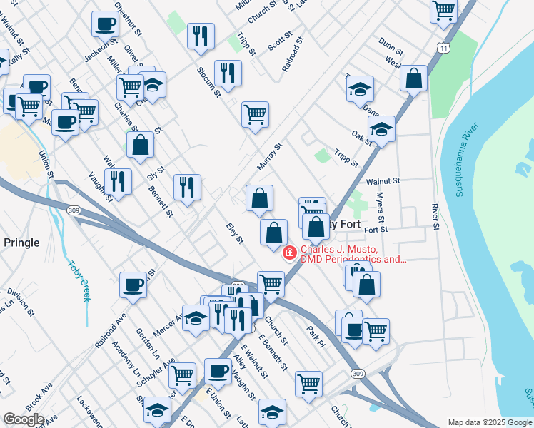 map of restaurants, bars, coffee shops, grocery stores, and more near 117-119 E Pettebone St in Forty Fort