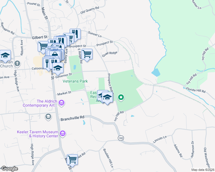 map of restaurants, bars, coffee shops, grocery stores, and more near 74 Prospect Ridge in Ridgefield