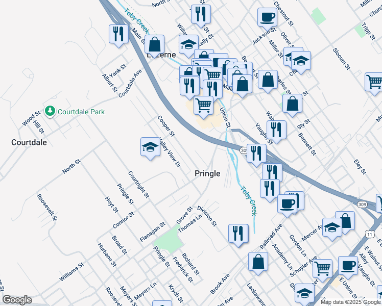 map of restaurants, bars, coffee shops, grocery stores, and more near Cooper Street in Pringle
