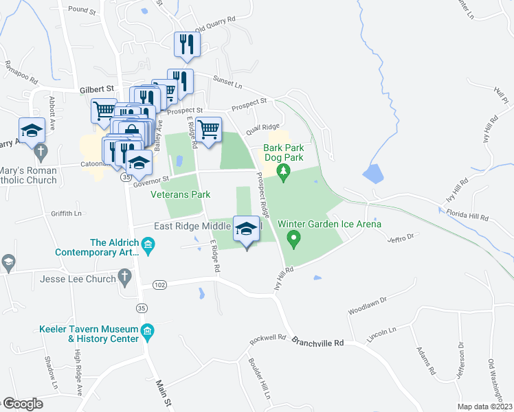 map of restaurants, bars, coffee shops, grocery stores, and more near 74 Prospect Ridge in Ridgefield