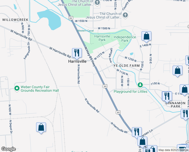 map of restaurants, bars, coffee shops, grocery stores, and more near 1170 North 375 West in Harrisville