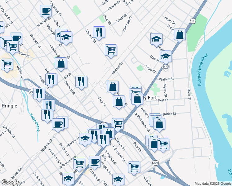 map of restaurants, bars, coffee shops, grocery stores, and more near 117-119 E Pettebone St in Forty Fort