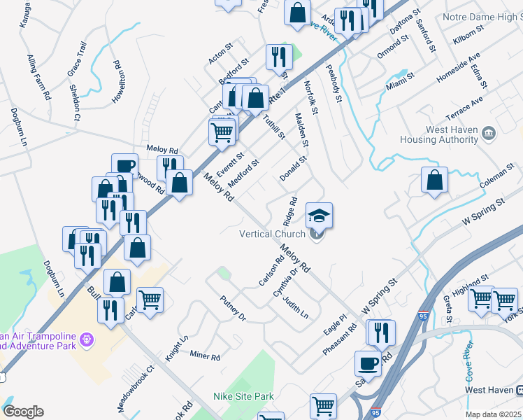 map of restaurants, bars, coffee shops, grocery stores, and more near 12 Roy Street in West Haven