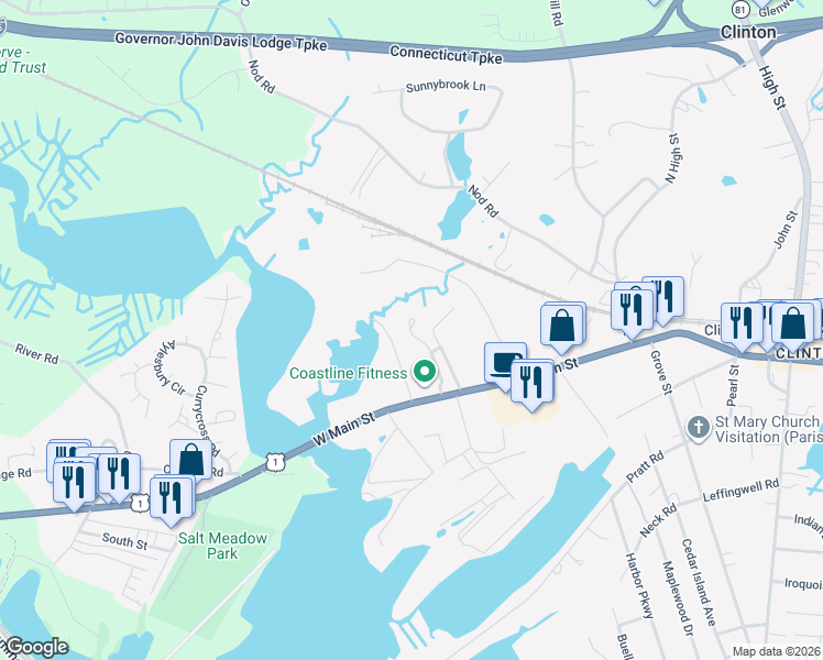 map of restaurants, bars, coffee shops, grocery stores, and more near 16 Highland Drive in Clinton