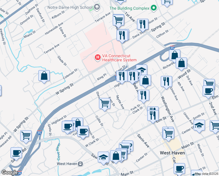 map of restaurants, bars, coffee shops, grocery stores, and more near 77 Highland Street in West Haven
