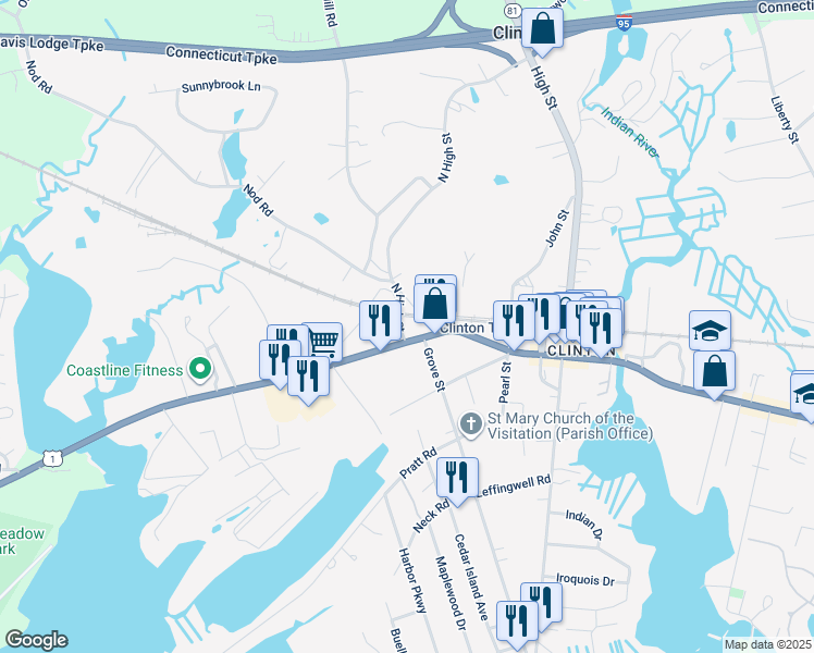map of restaurants, bars, coffee shops, grocery stores, and more near 67 West Main Street in Clinton