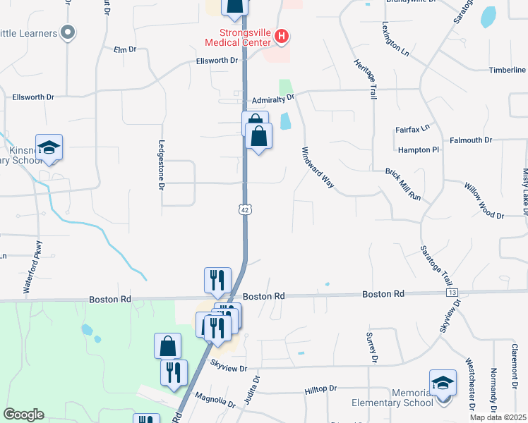 map of restaurants, bars, coffee shops, grocery stores, and more near 19205 Pearl Road in Strongsville