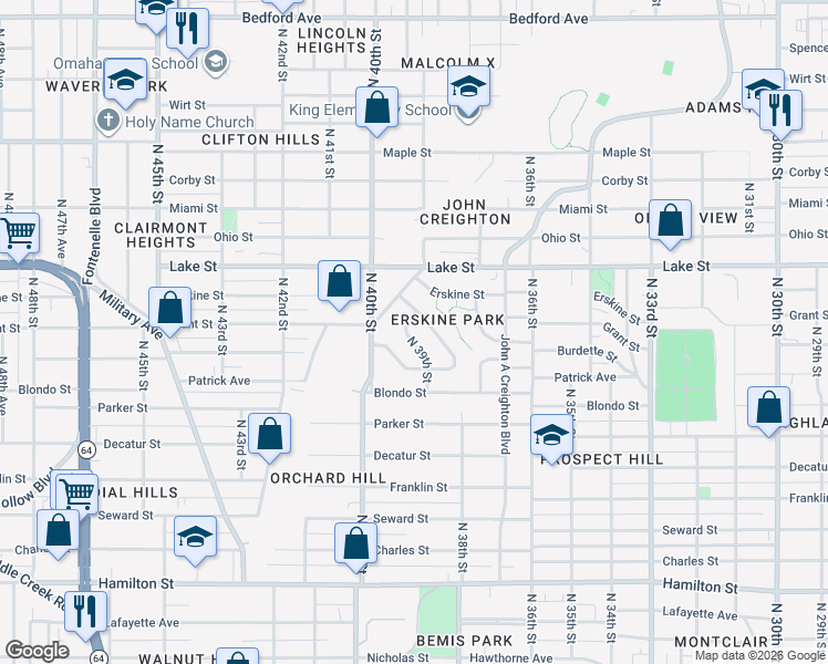 map of restaurants, bars, coffee shops, grocery stores, and more near 2253 North 38th Avenue in Omaha