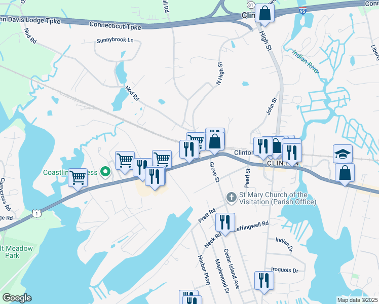 map of restaurants, bars, coffee shops, grocery stores, and more near 67 West Main Street in Clinton