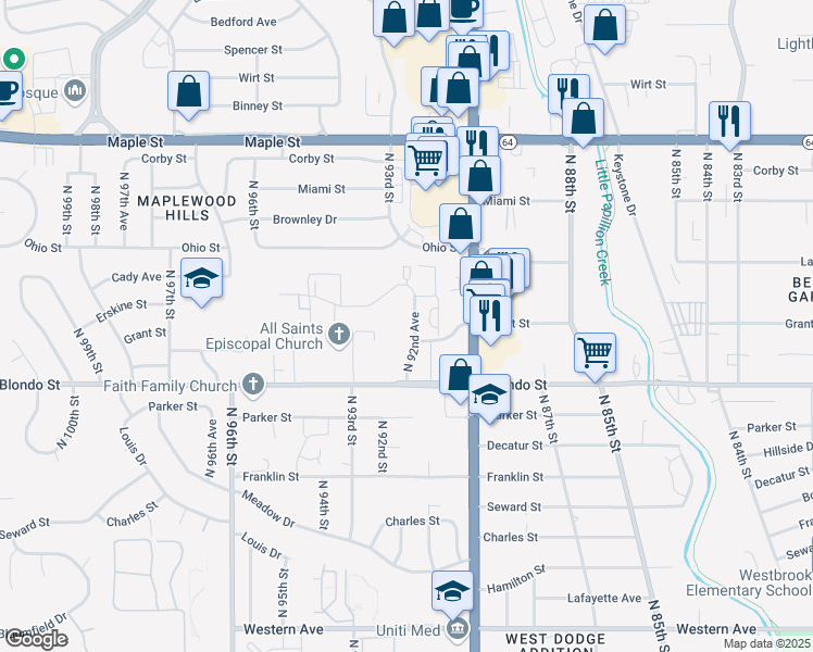 map of restaurants, bars, coffee shops, grocery stores, and more near 2344 North 92nd Avenue in Omaha