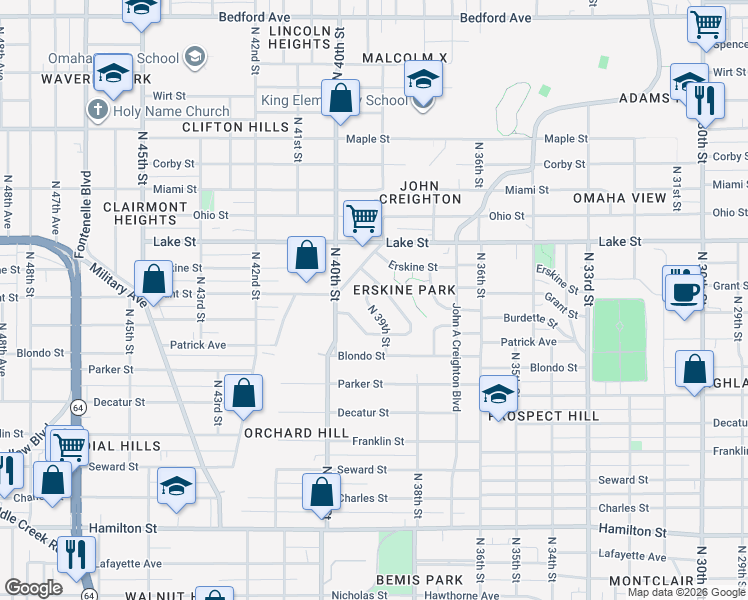 map of restaurants, bars, coffee shops, grocery stores, and more near 2253 North 38th Avenue in Omaha