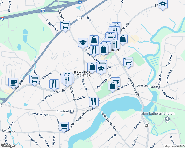map of restaurants, bars, coffee shops, grocery stores, and more near in Branford