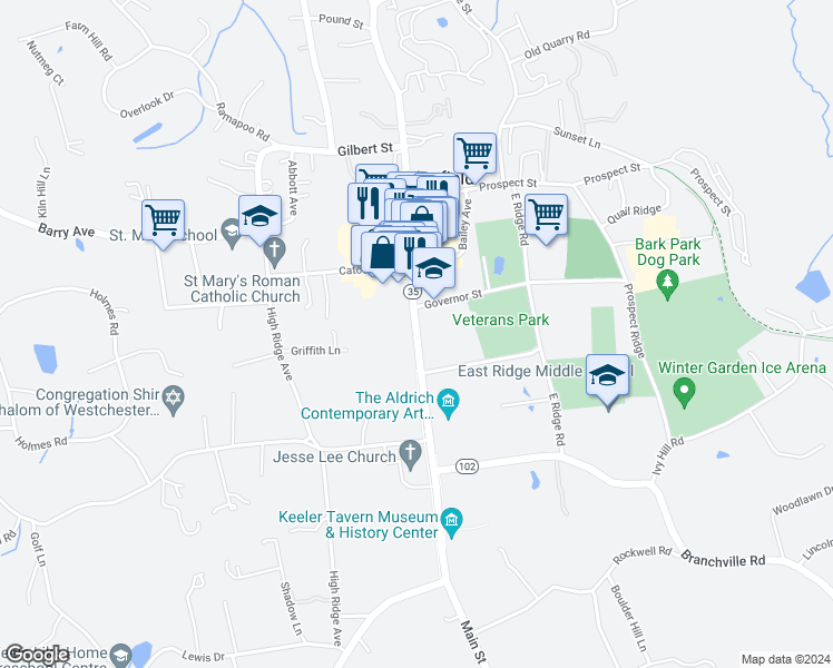 map of restaurants, bars, coffee shops, grocery stores, and more near 360 Main Street in Ridgefield