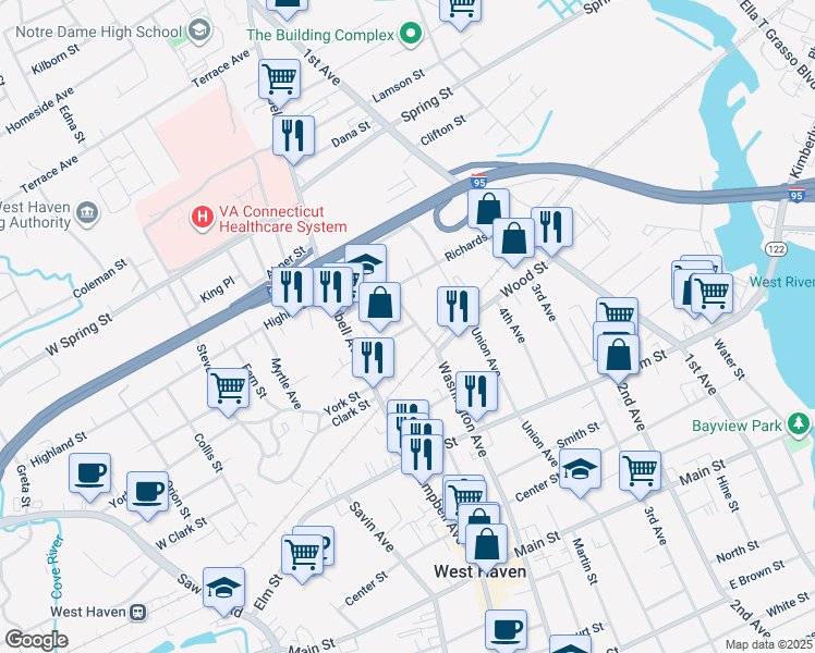 map of restaurants, bars, coffee shops, grocery stores, and more near 765 Washington Avenue in West Haven