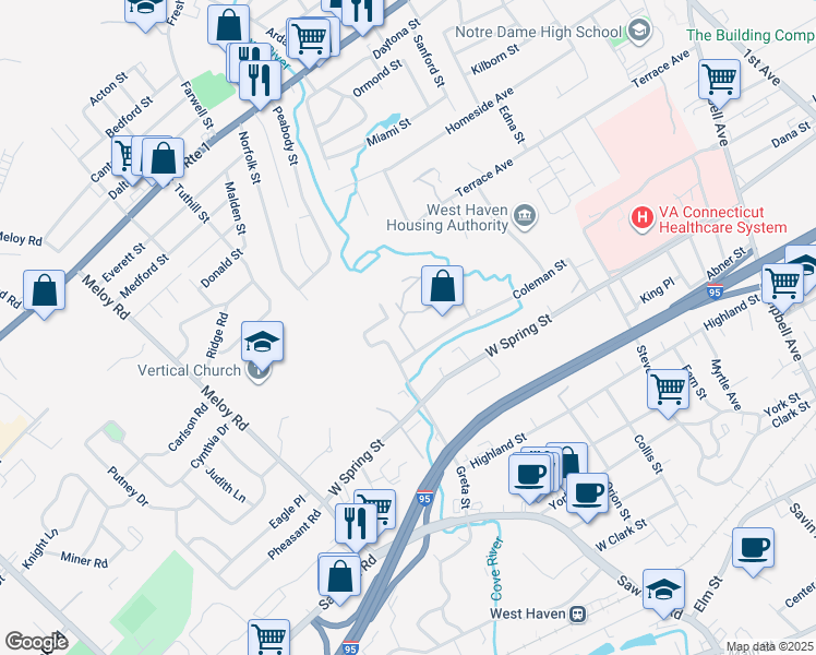 map of restaurants, bars, coffee shops, grocery stores, and more near 89 Coleman Street in West Haven