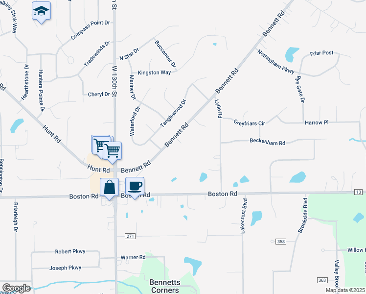 map of restaurants, bars, coffee shops, grocery stores, and more near 19285 Bennett Road in North Royalton