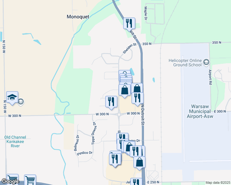 map of restaurants, bars, coffee shops, grocery stores, and more near 101 Briar Ridge Circle in Warsaw