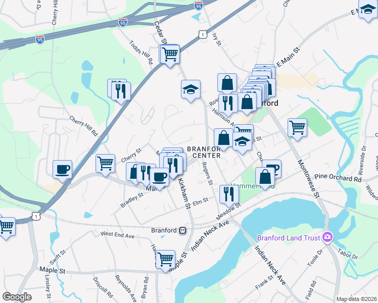 map of restaurants, bars, coffee shops, grocery stores, and more near 700 Main Street in Branford