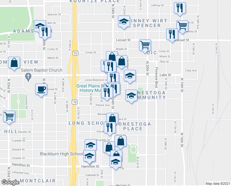 map of restaurants, bars, coffee shops, grocery stores, and more near 2221 North 24th Street in Omaha