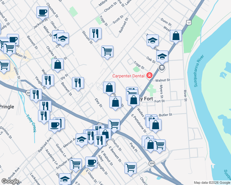 map of restaurants, bars, coffee shops, grocery stores, and more near 117-119 E Pettebone St in Forty Fort