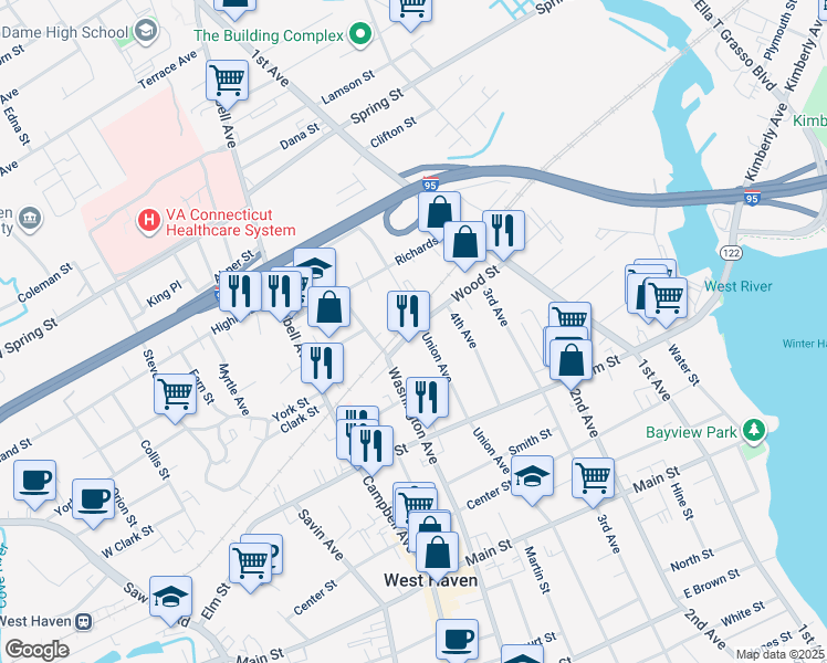 map of restaurants, bars, coffee shops, grocery stores, and more near 188 Wood Street in West Haven