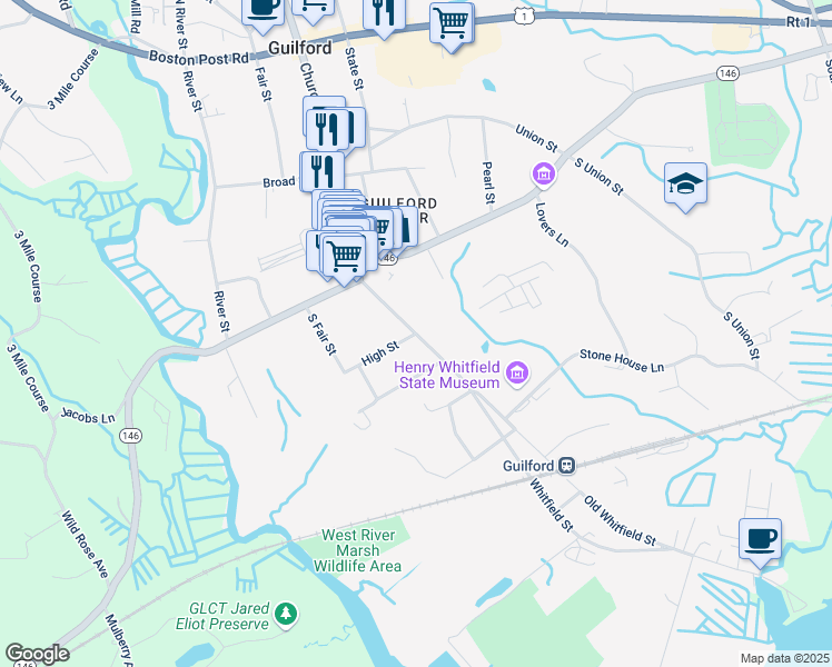 map of restaurants, bars, coffee shops, grocery stores, and more near Whitfield Street & High Street in Guilford