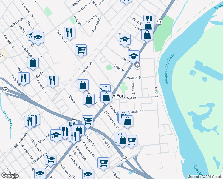 map of restaurants, bars, coffee shops, grocery stores, and more near 26 Yeager Avenue in Forty Fort