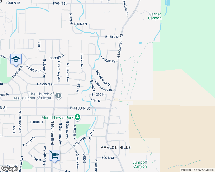 map of restaurants, bars, coffee shops, grocery stores, and more near 1250 Willard Peak Drive in Ogden