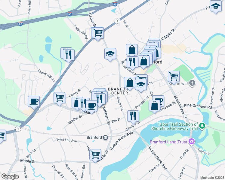 map of restaurants, bars, coffee shops, grocery stores, and more near 700 Main Street in Branford