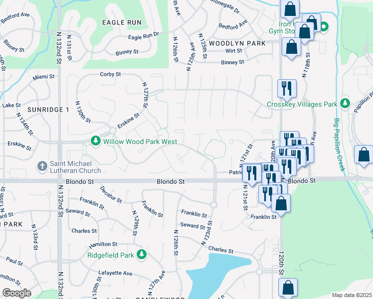 map of restaurants, bars, coffee shops, grocery stores, and more near 2162 North 124th Avenue Circle in Omaha