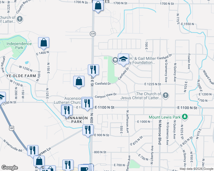 map of restaurants, bars, coffee shops, grocery stores, and more near 469 Canfield Drive in Ogden
