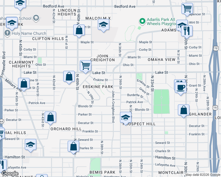map of restaurants, bars, coffee shops, grocery stores, and more near 3614 Grant Street in Omaha