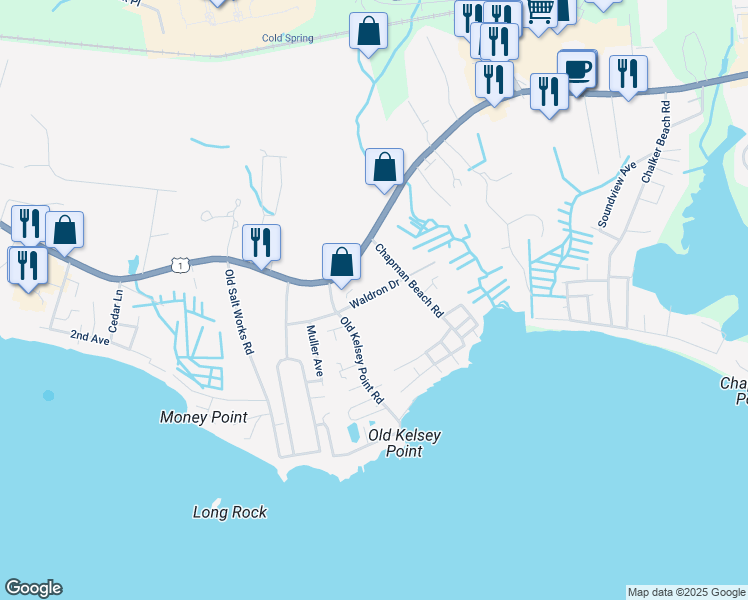 map of restaurants, bars, coffee shops, grocery stores, and more near 103 Waldron Drive in Westbrook