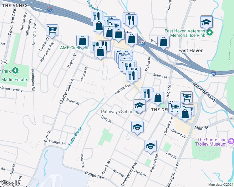 map of restaurants, bars, coffee shops, grocery stores, and more near 90 Gerrish Avenue in East Haven