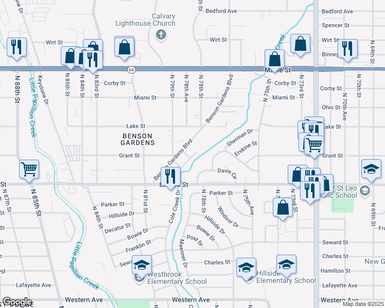 map of restaurants, bars, coffee shops, grocery stores, and more near 2301 Benson Gardens Boulevard in Omaha