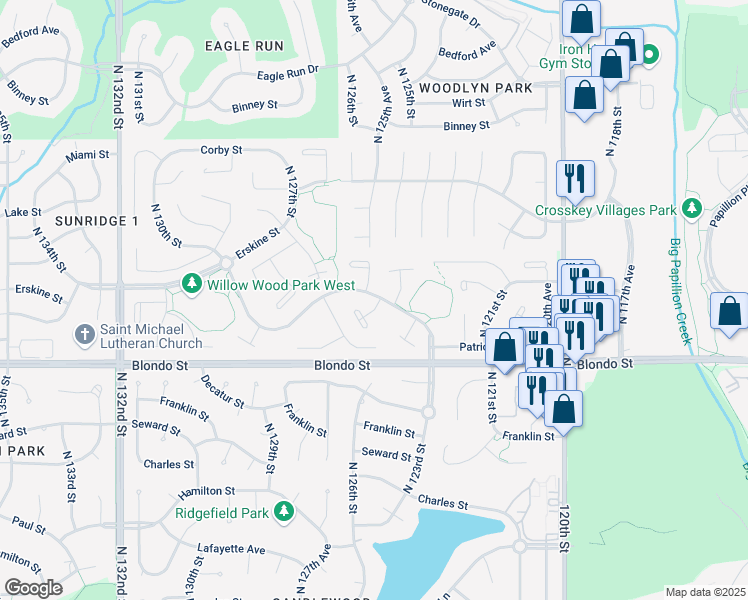 map of restaurants, bars, coffee shops, grocery stores, and more near 2162 North 124th Avenue Circle in Omaha