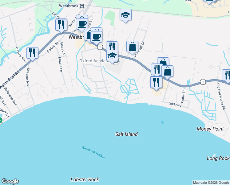 map of restaurants, bars, coffee shops, grocery stores, and more near 164 Salt Island Road in Westbrook